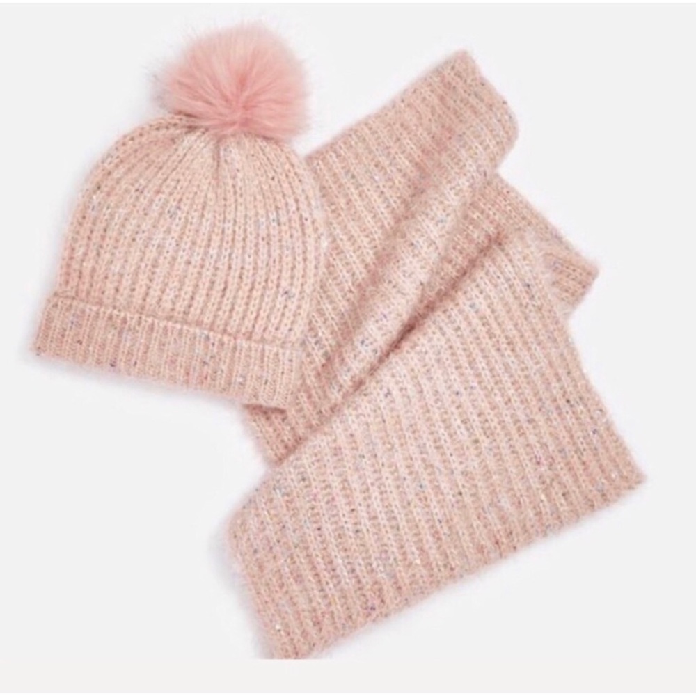Infinity scarf and beanie set blush pink sequin